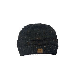 C.C Black Confetti Knit Beanie Ponytail Messy Bun Winter Hat One Size